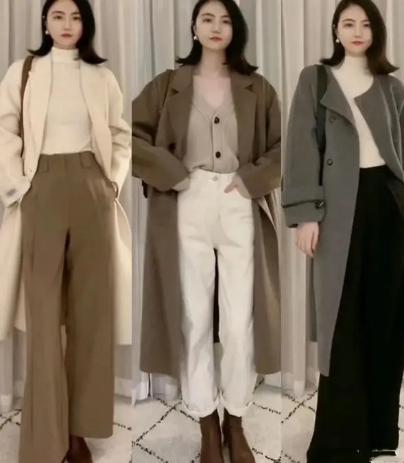 冬季保暖穿搭_修身打底衫的搭配_打底衫大衣直筒裤搭配